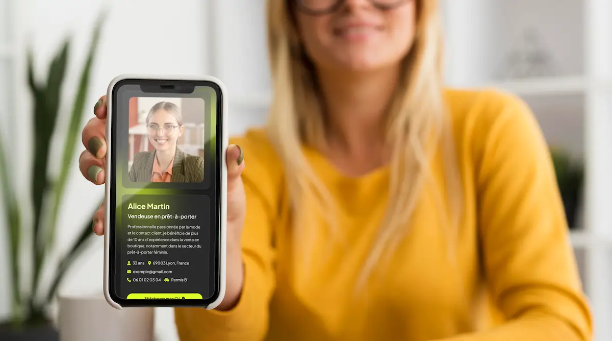 femme montrant son CV en ligne sur son téléphone