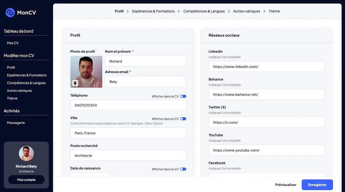 screen tableau de bord rédaction CV