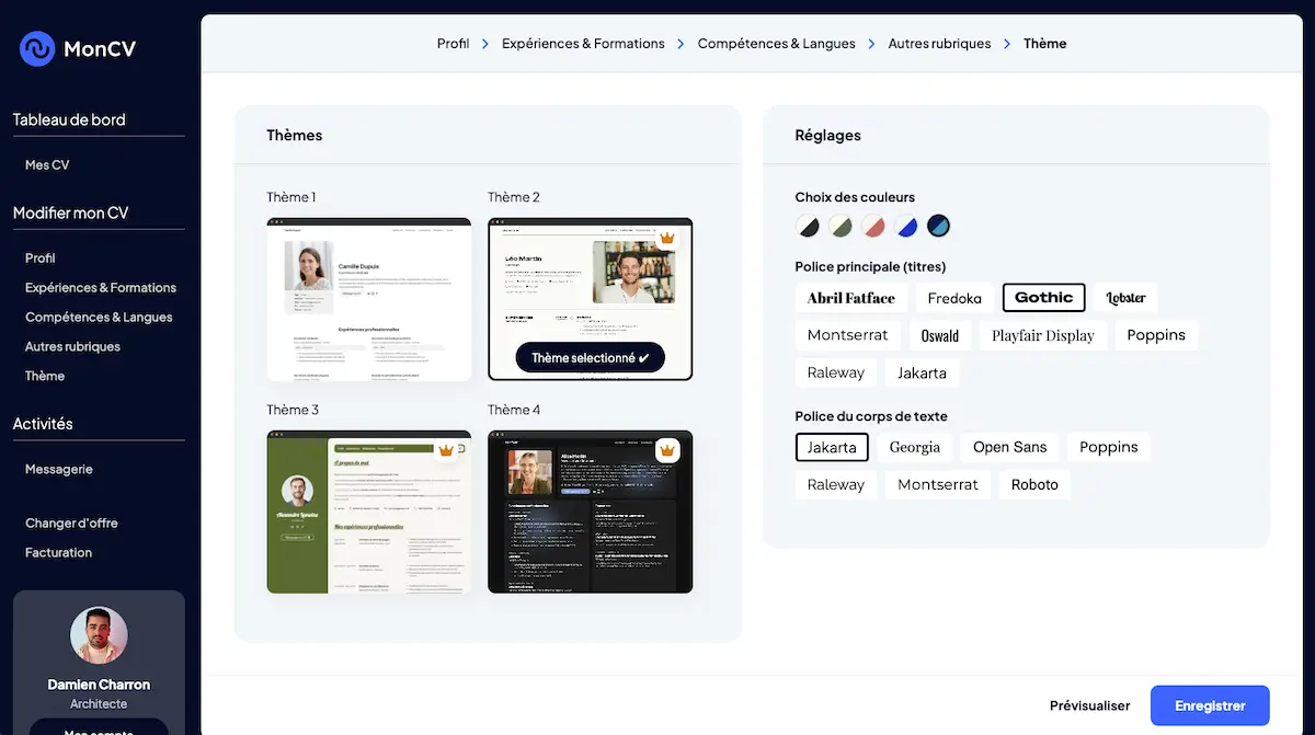 screen personnalisation thème CV